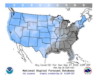 This map of the U.S. shows the forecast for cloud cover across North America on Sept. 27, 2015 during the supermoon total lunar eclipse.