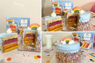 A collage of images of Tesco Rainbow Cake being sliced to reveal rainbow layers inside