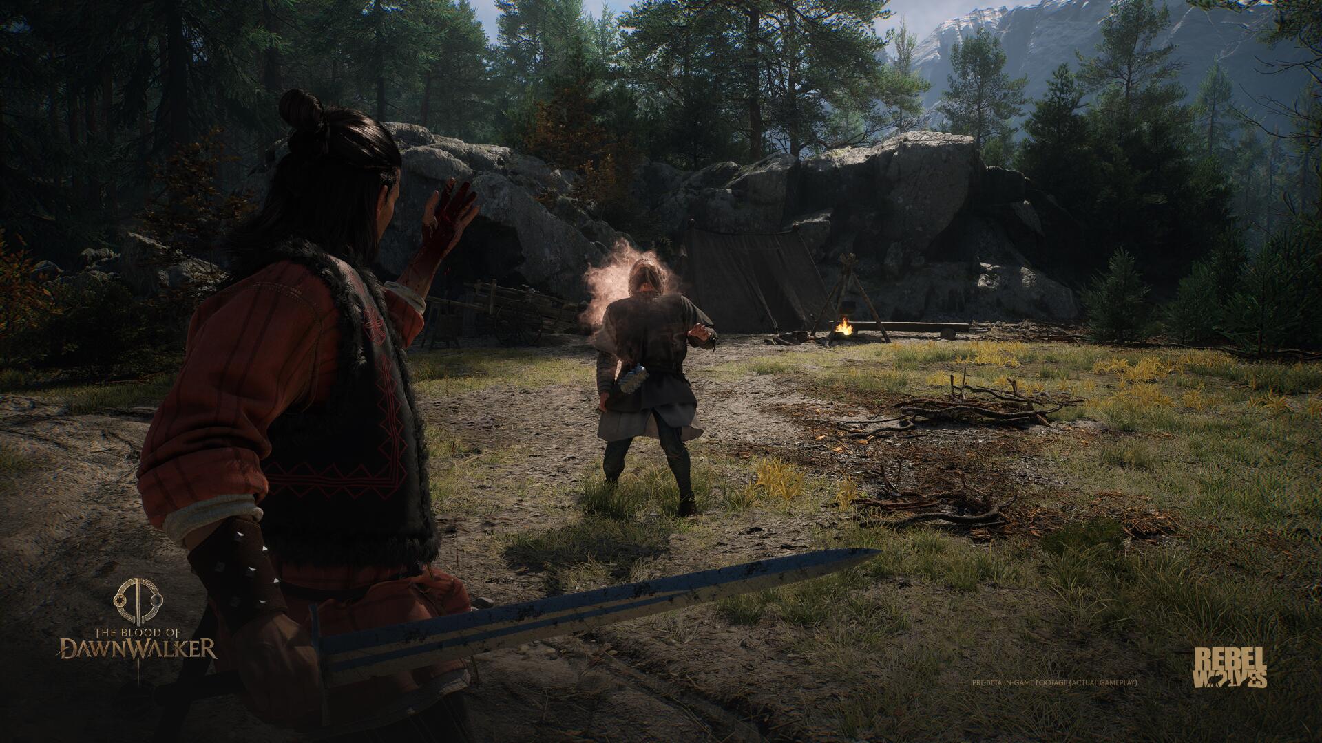 Coen sets someone on fire in the middle of a forest clearing in The Blood of Dawnwalker