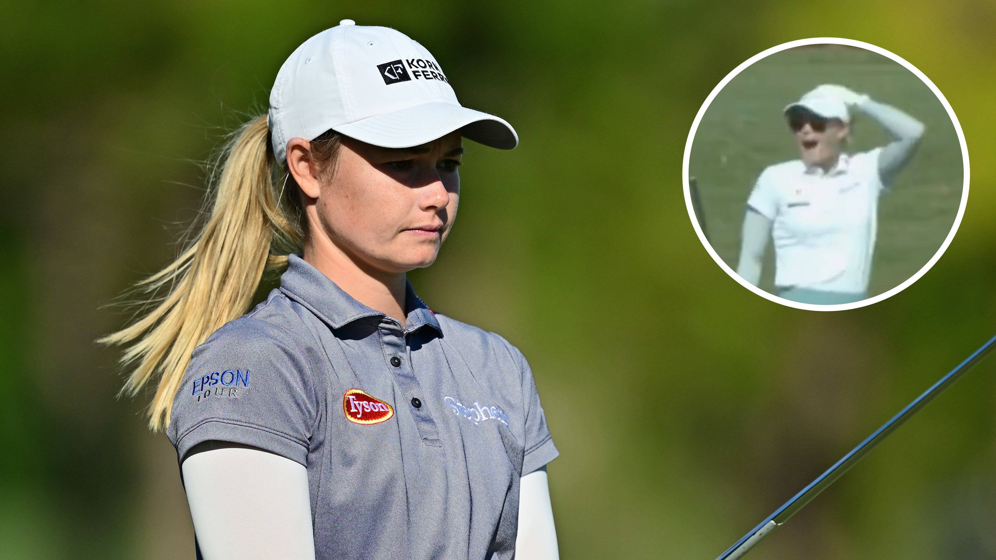 Main image of Brooke Matthews and inset screenshot of Matthews looking shocked after making hole-in-one at 2025 The Annika