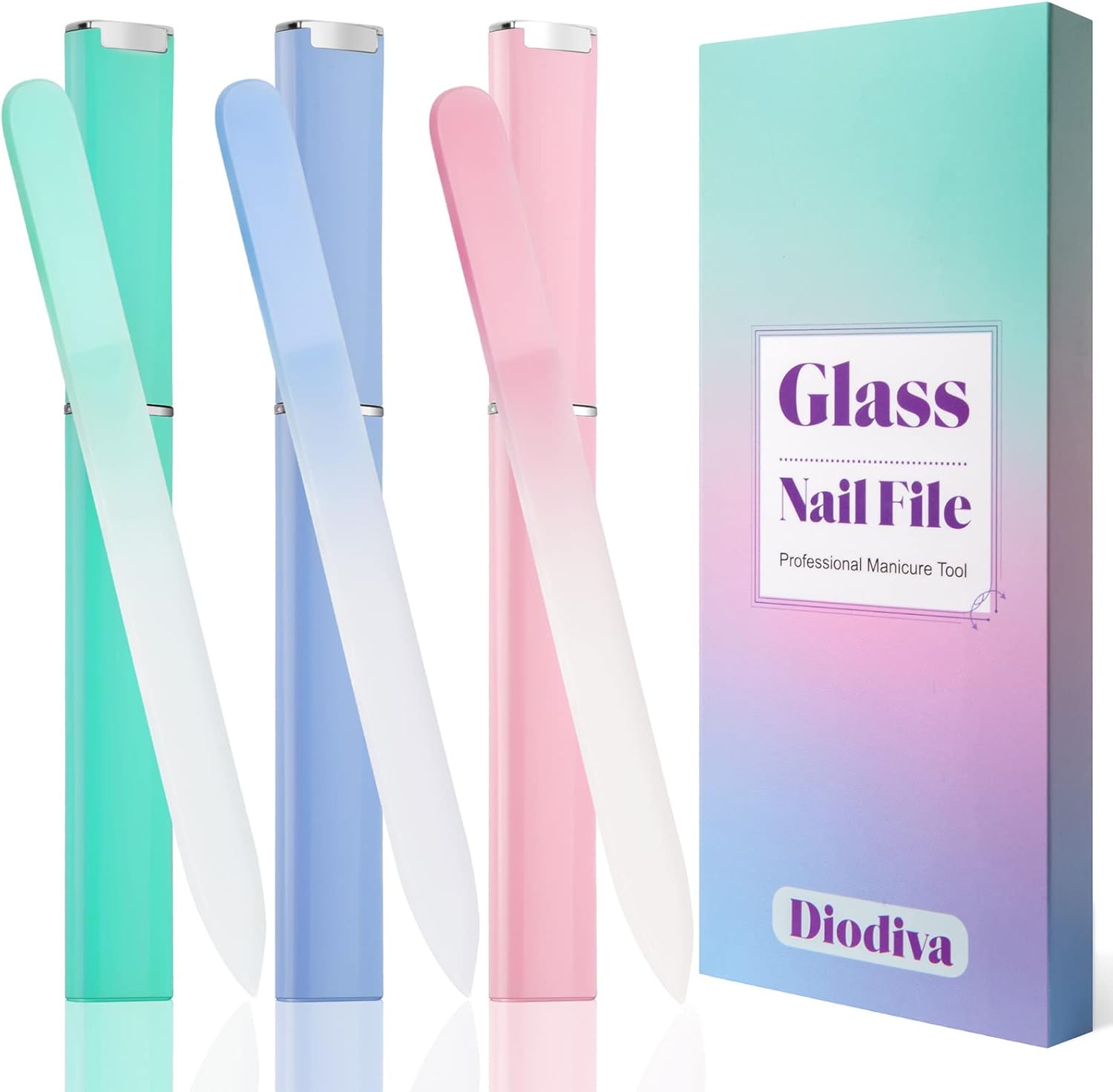 Glass Nail File 3 Pack for Natural Nails, Crystal Fingernail Files With Case Etched Nail Filer Professional Nail File Glass Lima De U&amp;ntilde;as, Unique Christmas Gifts Stocking Stuffers for Women Adults