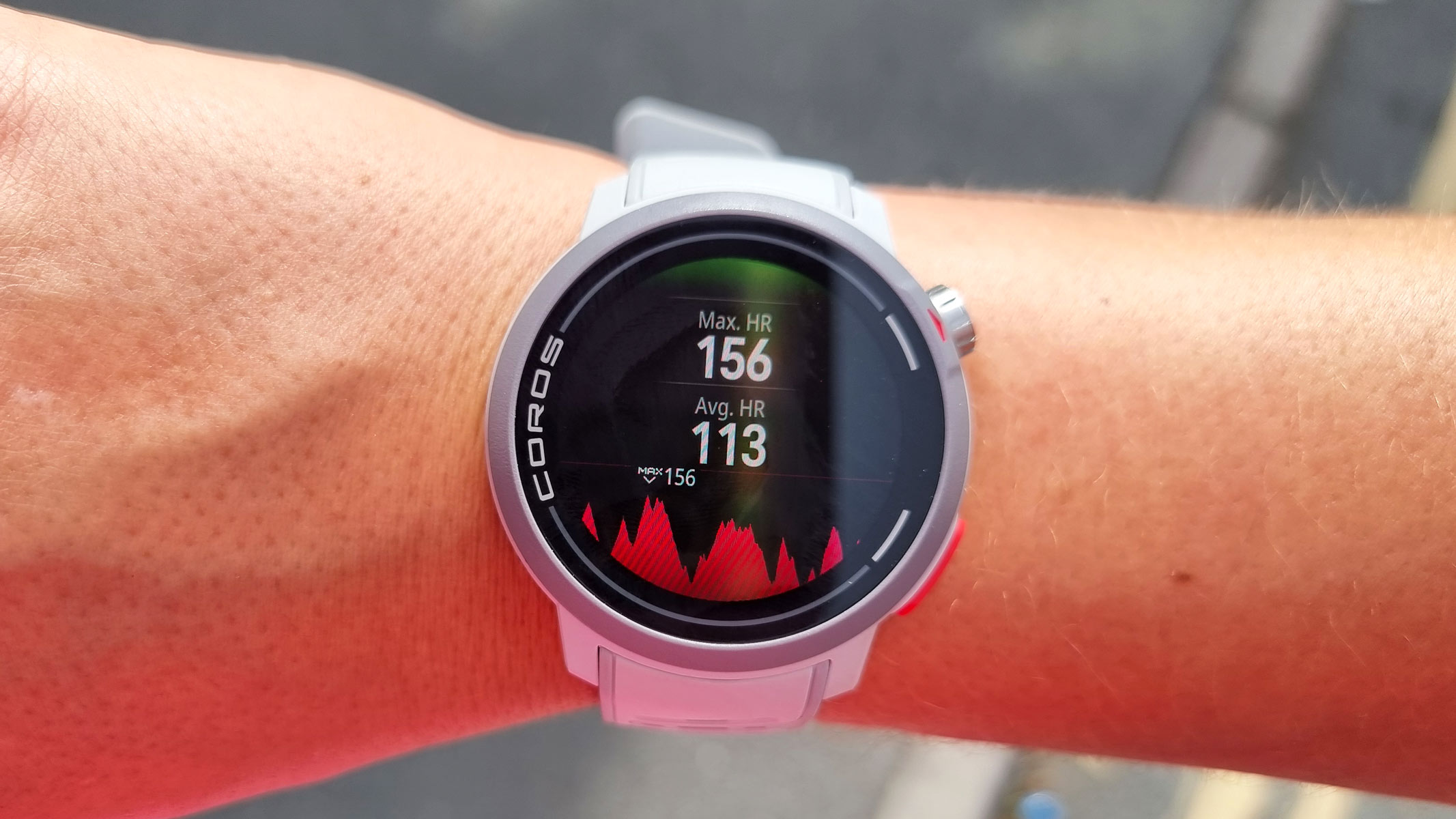 A close-up picture of our reviewer&#039;s Coros Pace Pro watch displaying the heart rate measurements taken during a hike