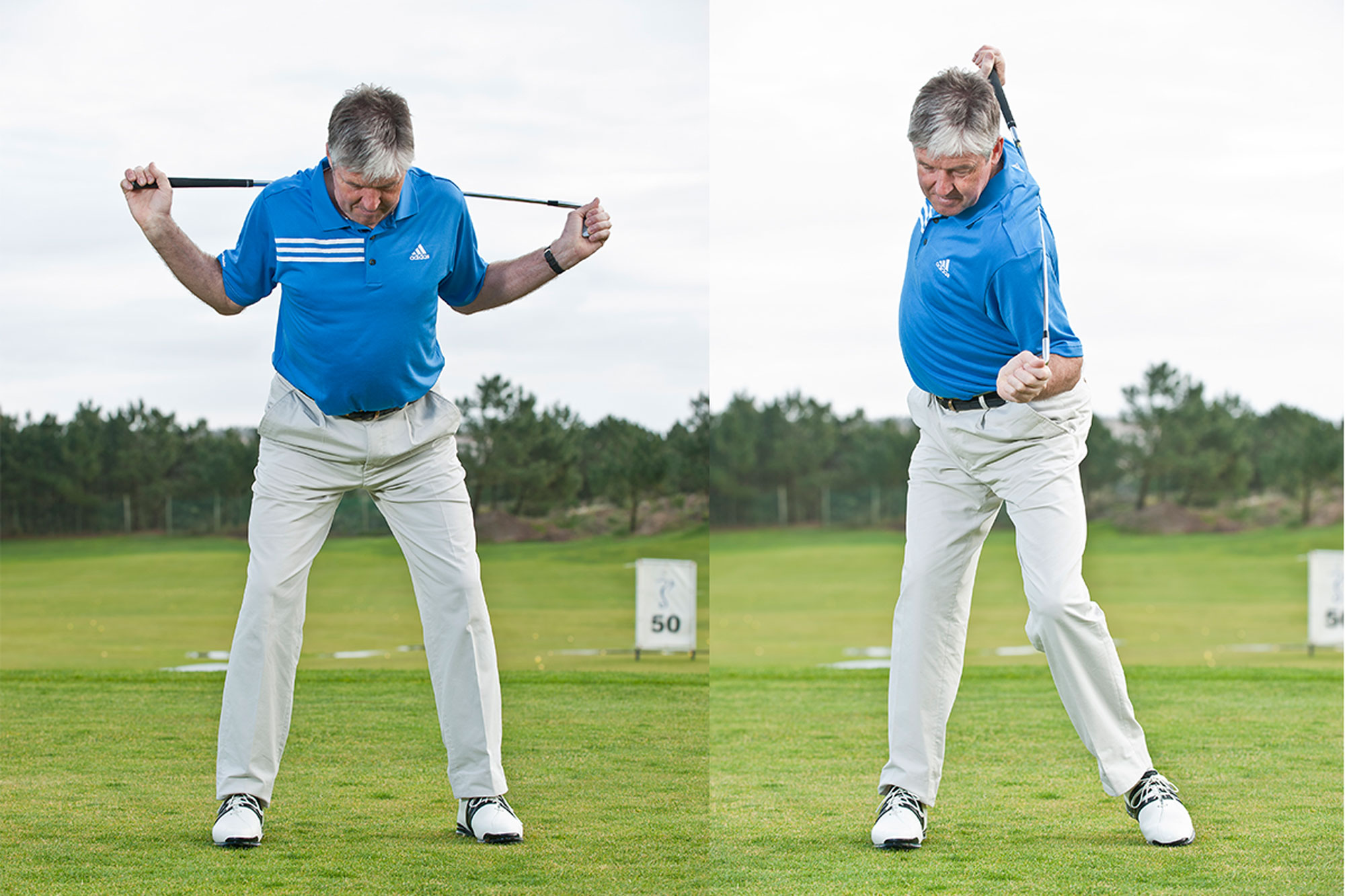 Andrew Reynolds demonstrating a stretch as part of his golf warm-up, using a club behind his shoulders to encourage a a big turn in the swing, loosening his muscles in preparation for the round ahead