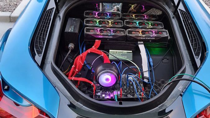 Simon Byrne&#039;s RTX 3080 mining rig inside a BMW i8 car