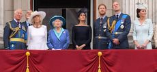 Photo by David Fisher/REX/Shutterstock (9753789y) Prince Charles, Prince Andrew, Camilla Duchess of Cornwall, Queen Elizabeth II, Meghan Duchess of Sussex, Prince Harry, Prince William and Catherine Duchess of Cambridge on the balcony of Buckingham Palace 100th Anniversary of the Royal Air Force, Westminster Abbey, London, UK - 10 Jul 2018