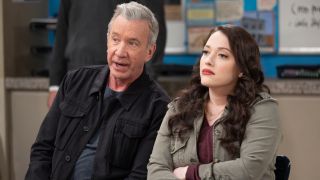 Tim Allen leans over to talk to Kat Dennings in a classroom setting in Shifting Gears S1 E2, "Accommodations." 