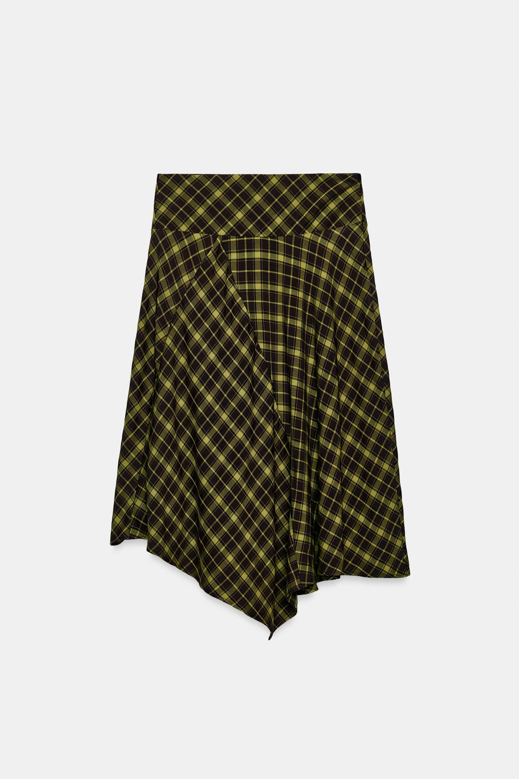 Asymmetric Checked Midi Skirt - Brown / Green - Xs