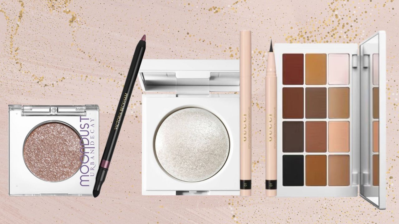 A collage of festive makeup buys from Urban Decay, Victoria Beckham Beauty, MAKEUP BY MARIO and Gucci/ in a pastel pink and gold glitter template