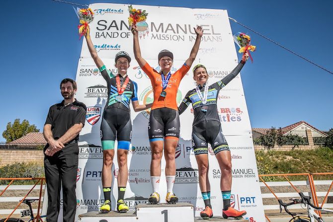 Stage 2 winner Megan Jastrab (Rally UHC Cycling) is flanked by second-placed Leigh Ann Ganzar (Hagens Berman/Supermint) and Lauren Stephens (Team TIBCO-Silicon Valley Bank) at the 2019 Redlands Bicycle Classic