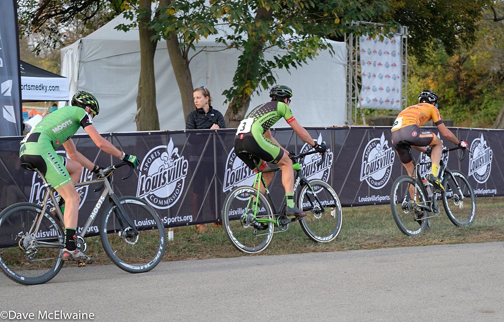Yannick Eckman (Boulder Cycle Sport), Curtis White, and Gage Hecht head out on their last lap