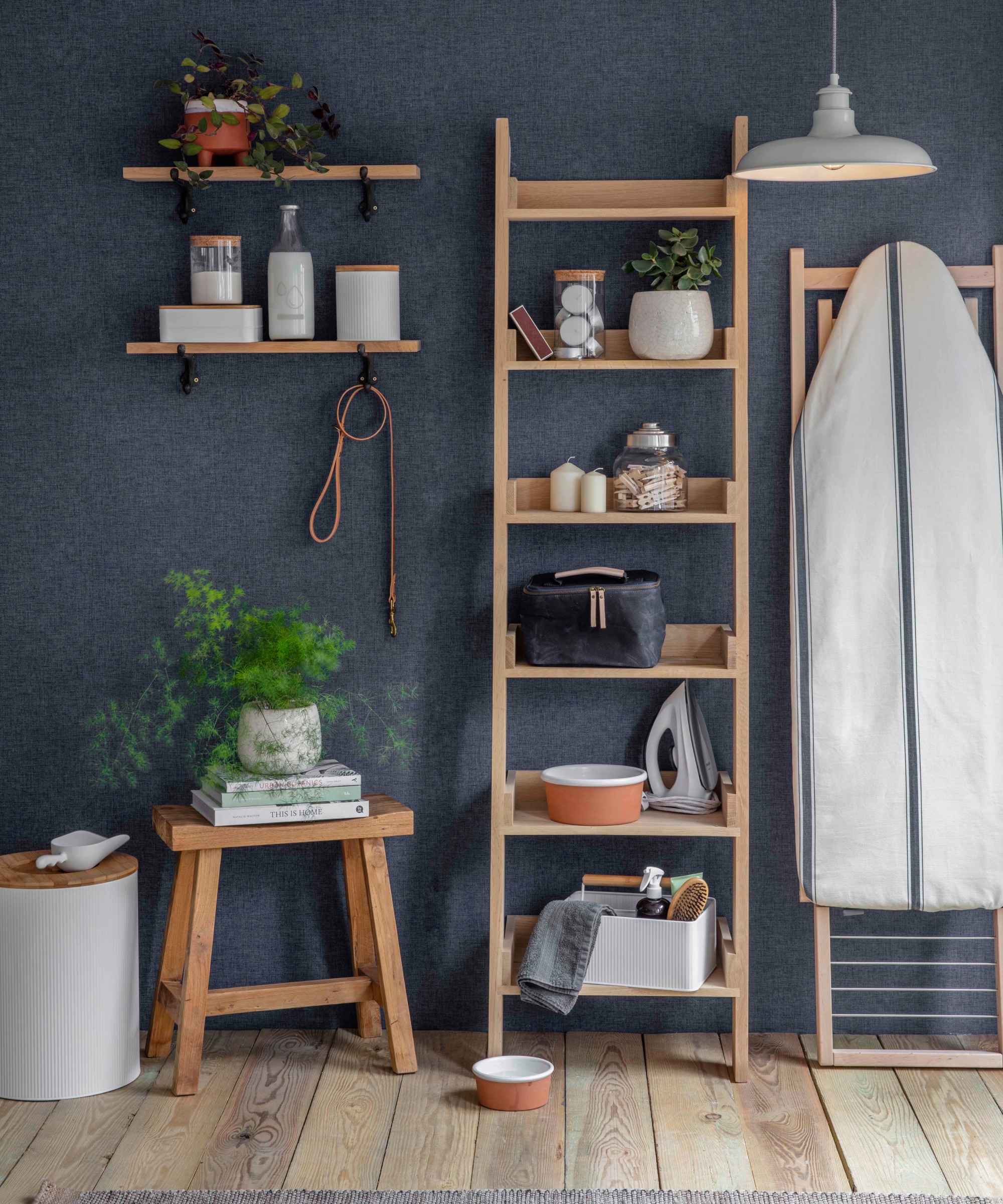 ladder shelf in utility room with blue walls