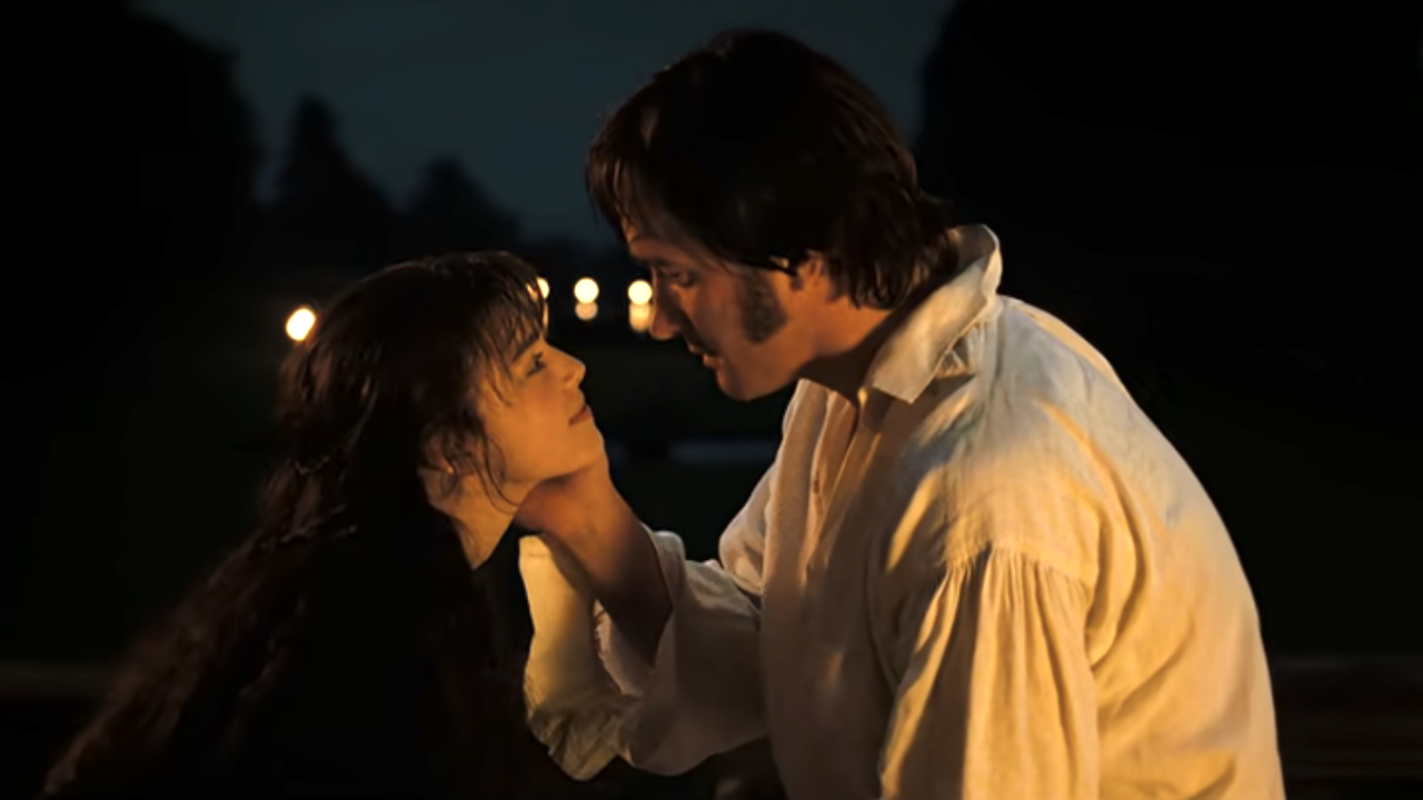 Elizabeth and Mr. Darcy looking at each other in nighttime lighting at end of Pride & Prejudice 2005