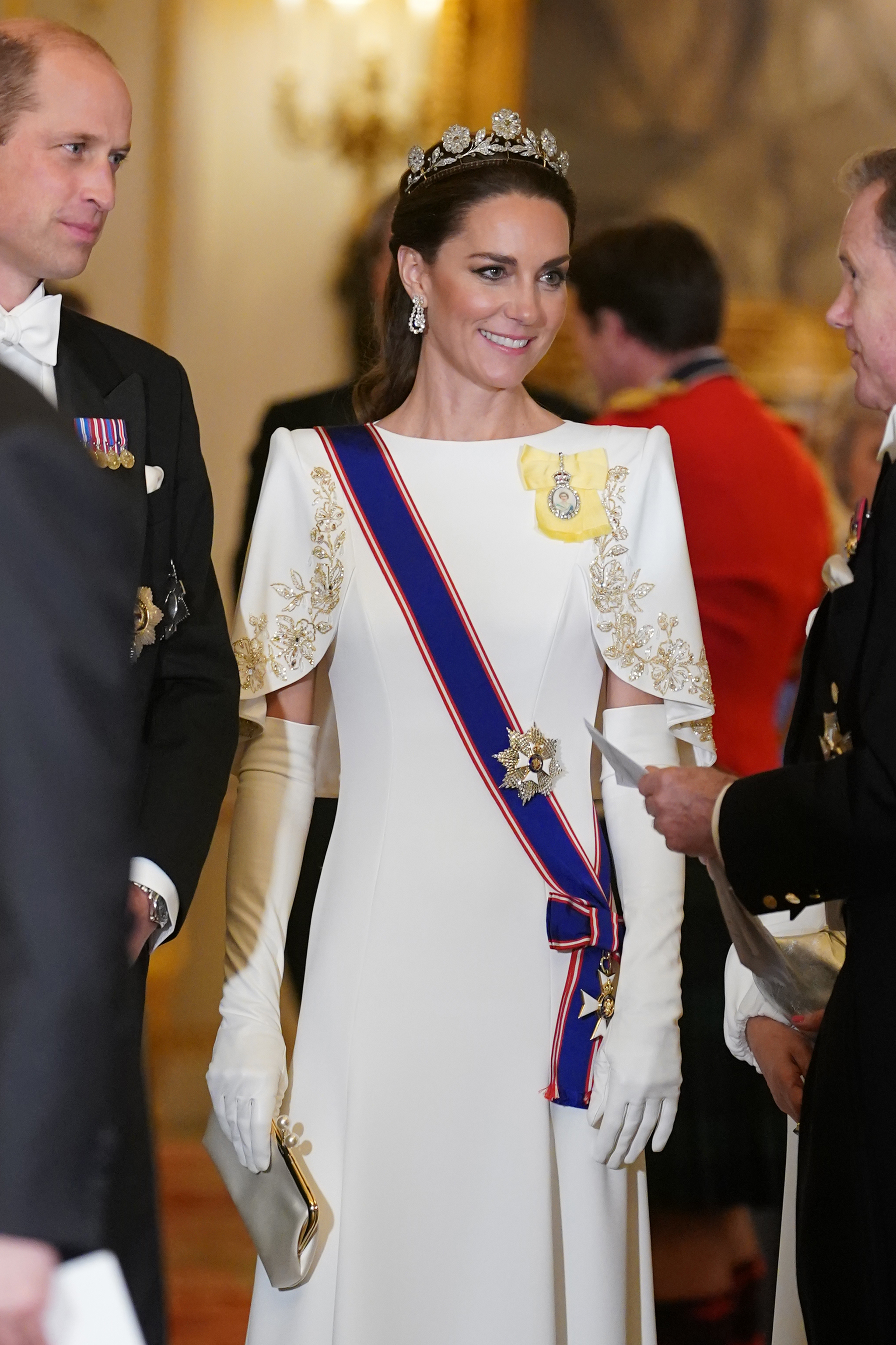 Princess Kate wearing a white gown and the Strathmore Rose Tiara