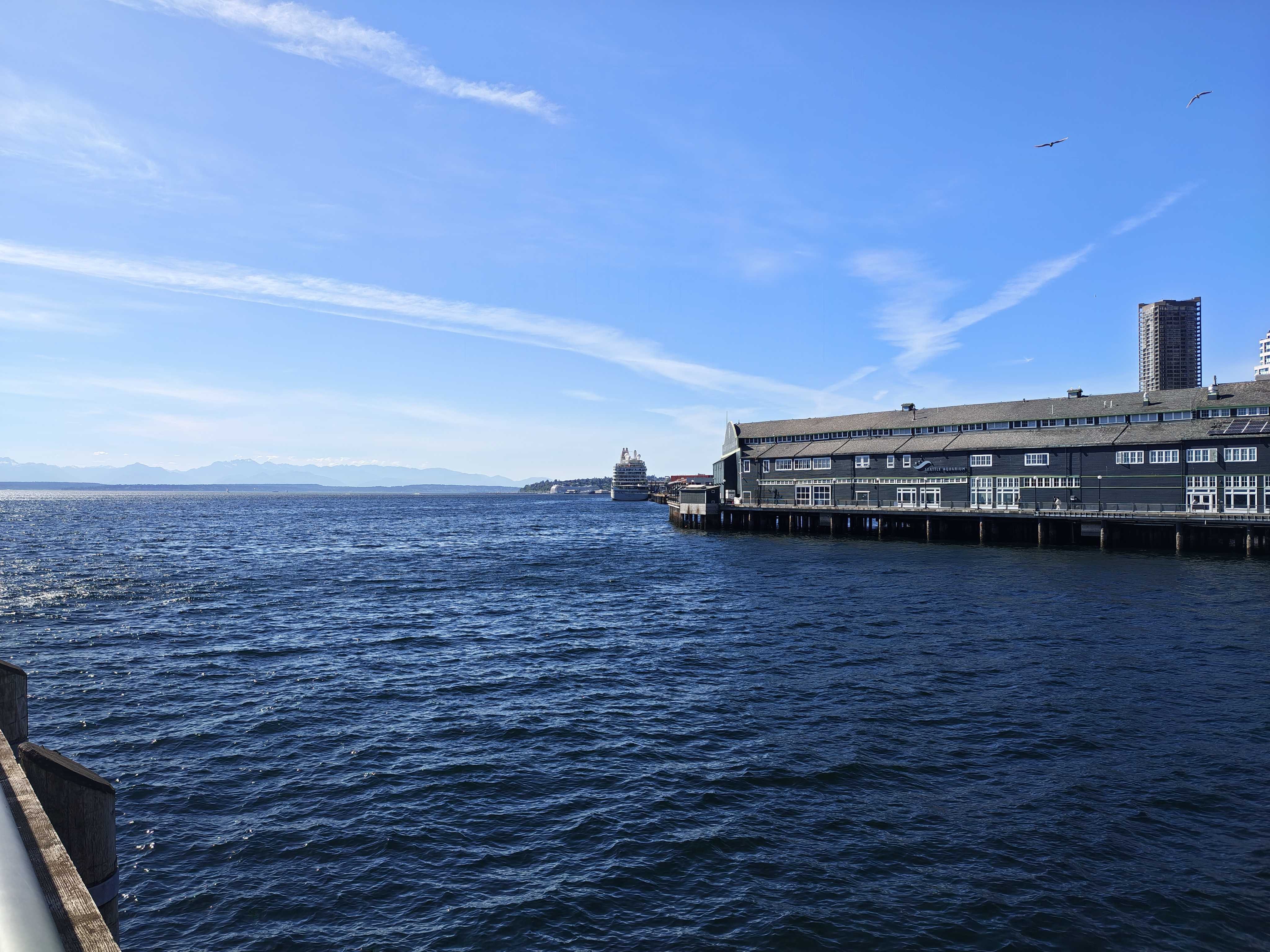 A cruise ship in the distance next to a pier