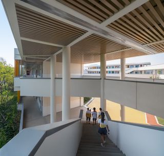 Multi level walkways in the school building.