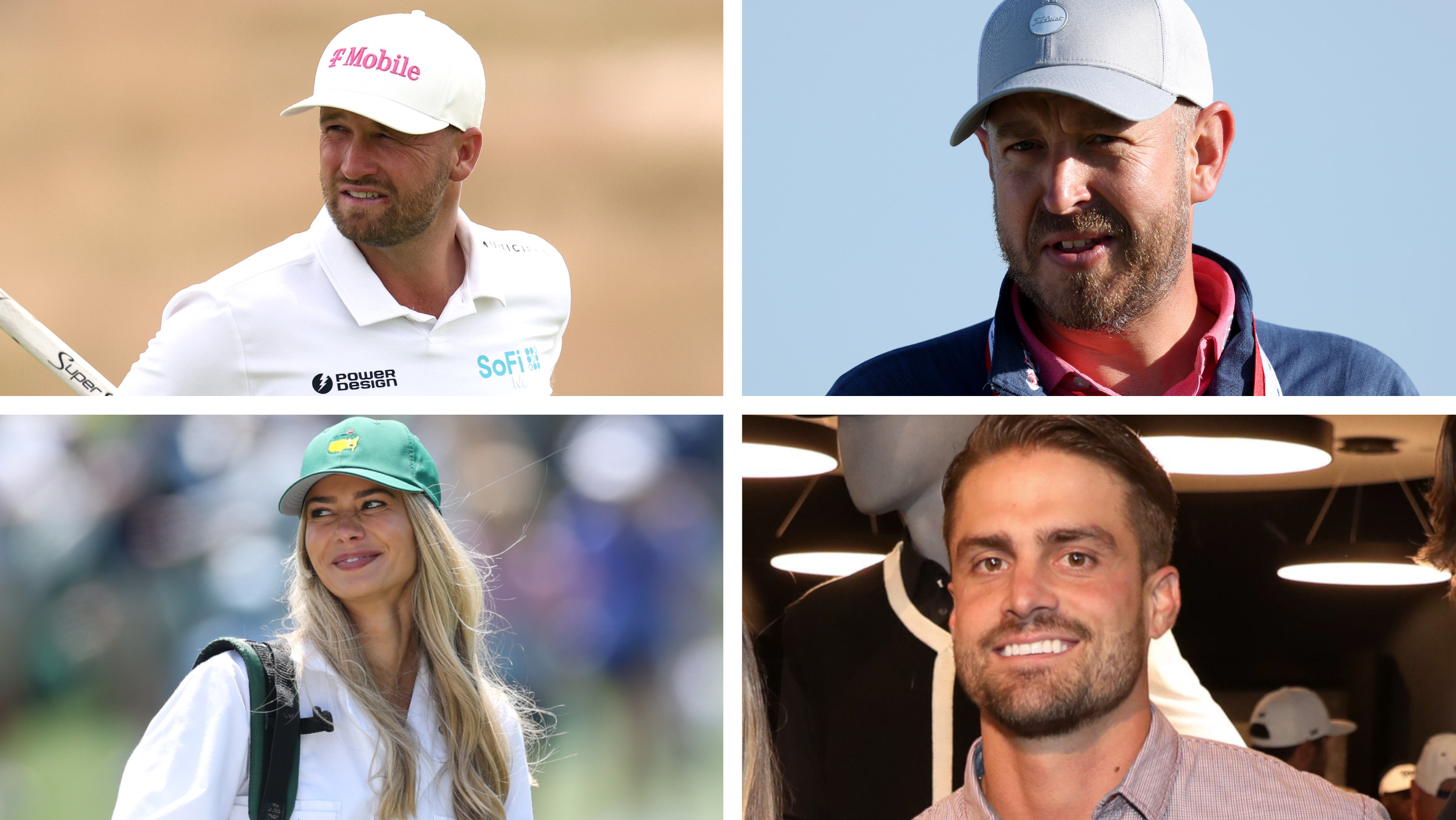 Split image of Wyndham Clark, his coach Mike Kanski, girlfriend Emily Tanner, and agent Rob Mougey