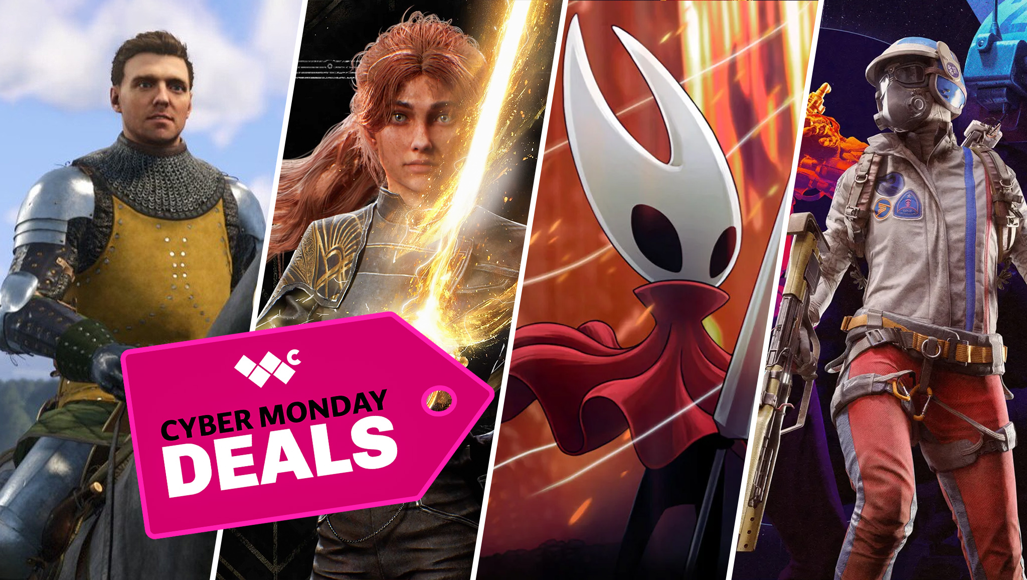Screen grabs from Kingdom Come: Deliverance 2, Clair Obscur: Expedition 33, Hollow Knight Silksong, and ARC Raiders. A pink graphic in the lower left says "Cyber Monday Deals."