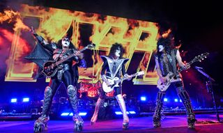 (from left) Gene Simmons, Tommy Thayer and Paul Stanley perform at Battery Park on June 11, 2021 in New York City
