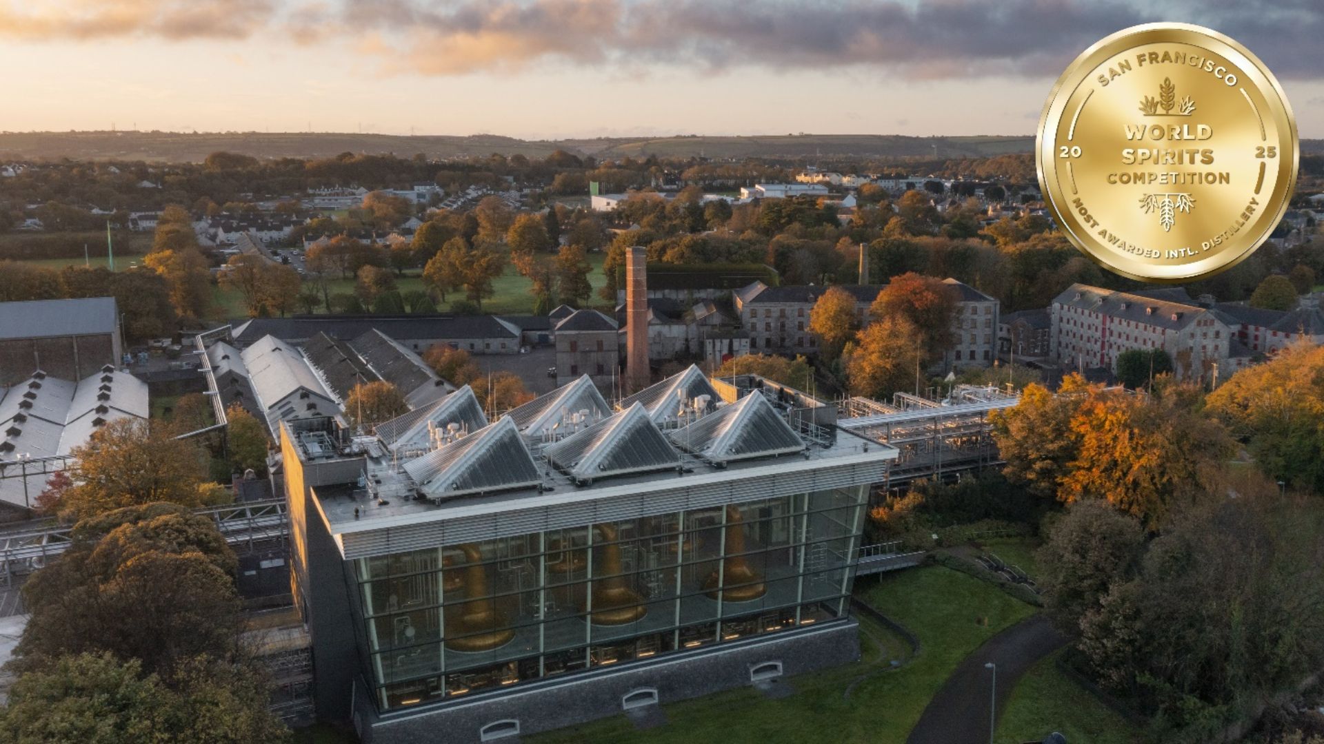 an aerial image of Midleton Distillery with the San Francisco world spirits competition sticker in the top right hand corner