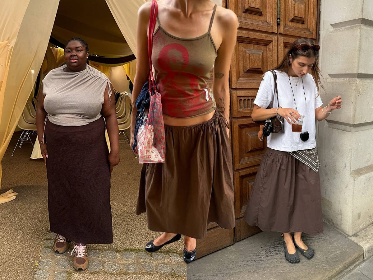 Influencer Abi Marvel wears a brown skirt with a beige draped shoulder top. Influencer Susie Garvie wears a brown poplin skirt with a graphic tank. Influencer Poppy wears brown skirt with a silk scarf tied around her waist with a white crewneck top.
