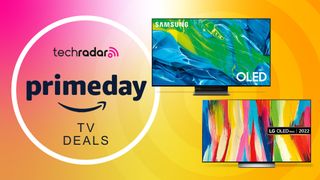 TechRadar Prime Day TV deals banner showing TVs on yellow background