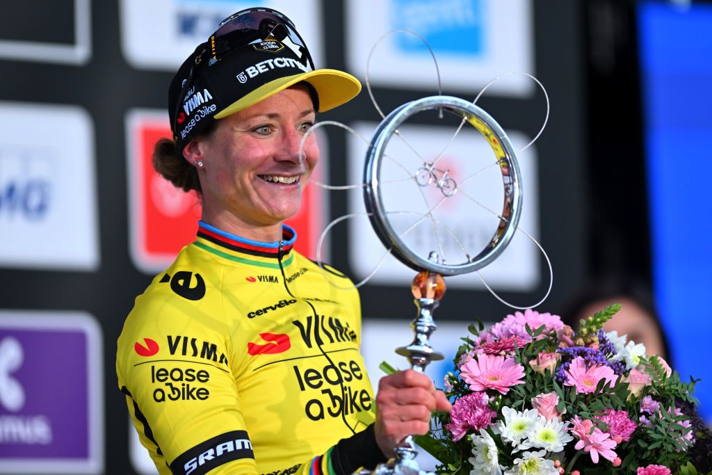NINOVE BELGIUM FEBRUARY 24 Marianne Vos of The Netherlands and Team Visma Lease A Bike celebrates at podium as race winner during the 16th Omloop Het Nieuwsblad 2024 Womens Elite a 1271km one day race from Ghent to Ninove UCIWWT on February 24 2024 in Ninove Belgium Photo by Luc ClaessenGetty Images
