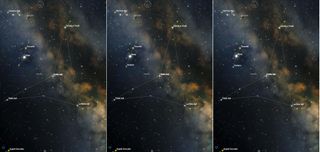 Altair, the brightest star in the constellation of Aquila, is another wandering star. It also marks one vertex of the Summer Triangle asterism. From left to right, these three panels reveal Altair's motion from the time of Babylonian astronomers, circa 1300 B.C. through A.D. 1018, to today. Compare Altair's position to those of the flanking stars Tarazed and Alshain. All three are visible during September evenings.