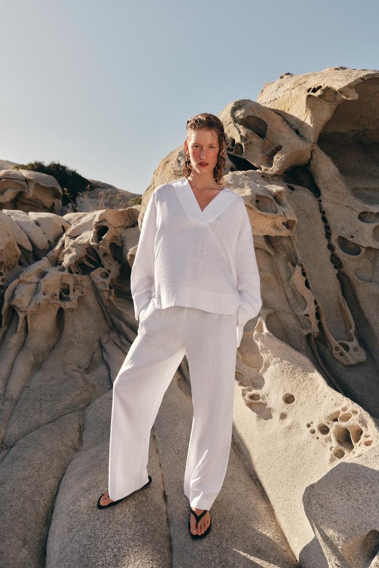 Zara, Linen Blend Blouse With Polo Collar