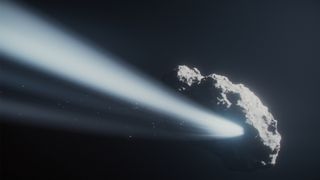 An artist's illustration of the comet shooting out a giant jet of gas and dust