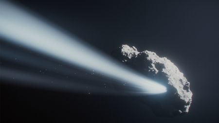 An artist's illustration of the comet shooting out a giant jet of gas and dust