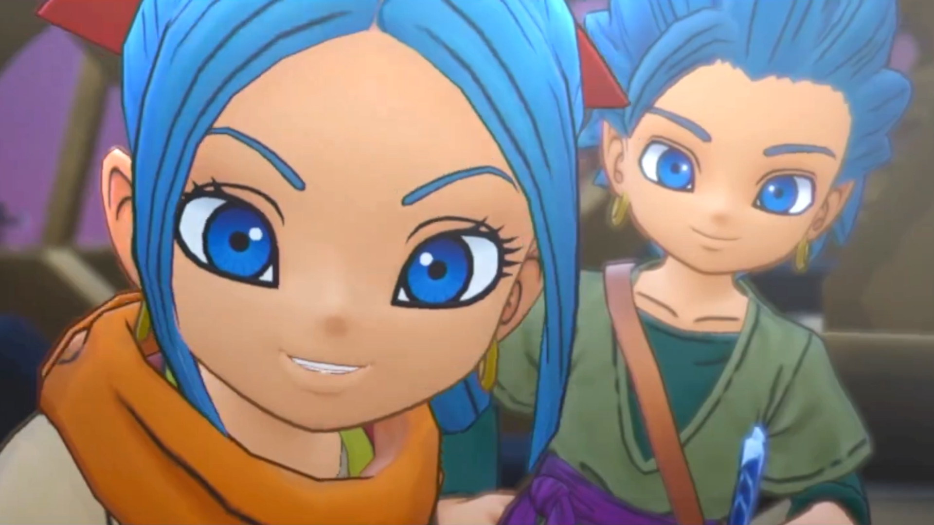 Erik and his sister Mia looking straight ahead and smiling during the RPG, Dragon Quest Treasures