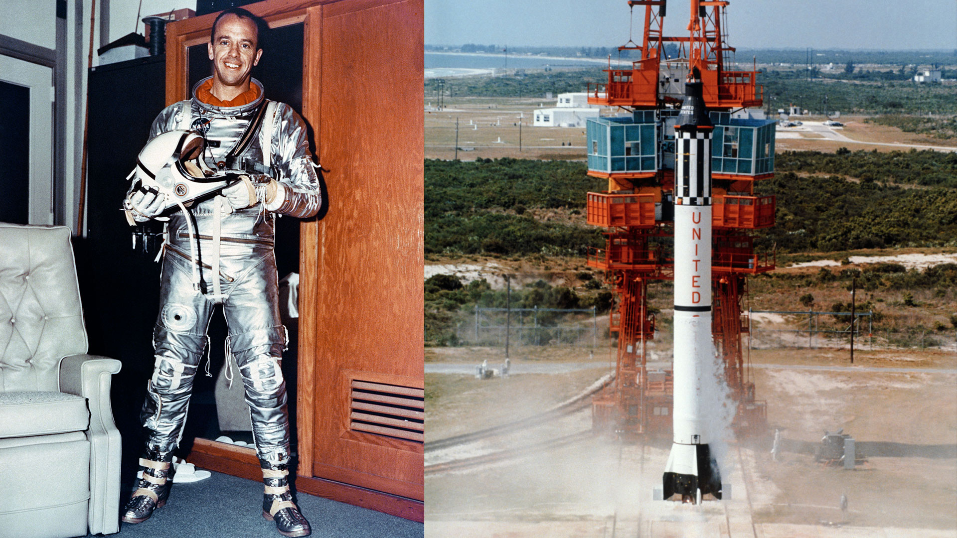 Mercury-Redstone 3 (MR-3), the United States' first human spaceflight, launches with NASA astronaut Alan Shepard from Cape Canaveral on May 5, 1961.