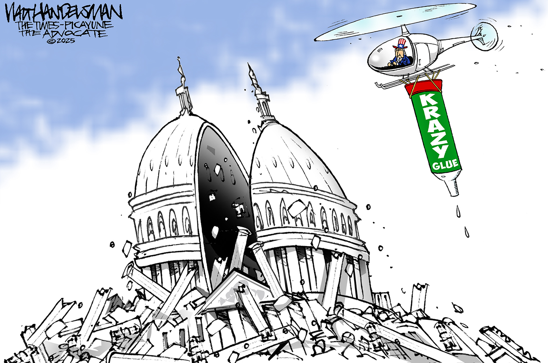 This cartoon depicts the U.S. Capitol building split in half. Uncle Sam flies by in a helicopter with a giant tune of Krazy Glue.