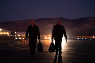 Virgin Galactic pilots Mark "Forger" Stucky (at right) and Frederick "CJ" Sturckow seen prior to the Dec. 13, 2018, SpaceShipTwo flight into space at the Mojave Air and Space Port in California.