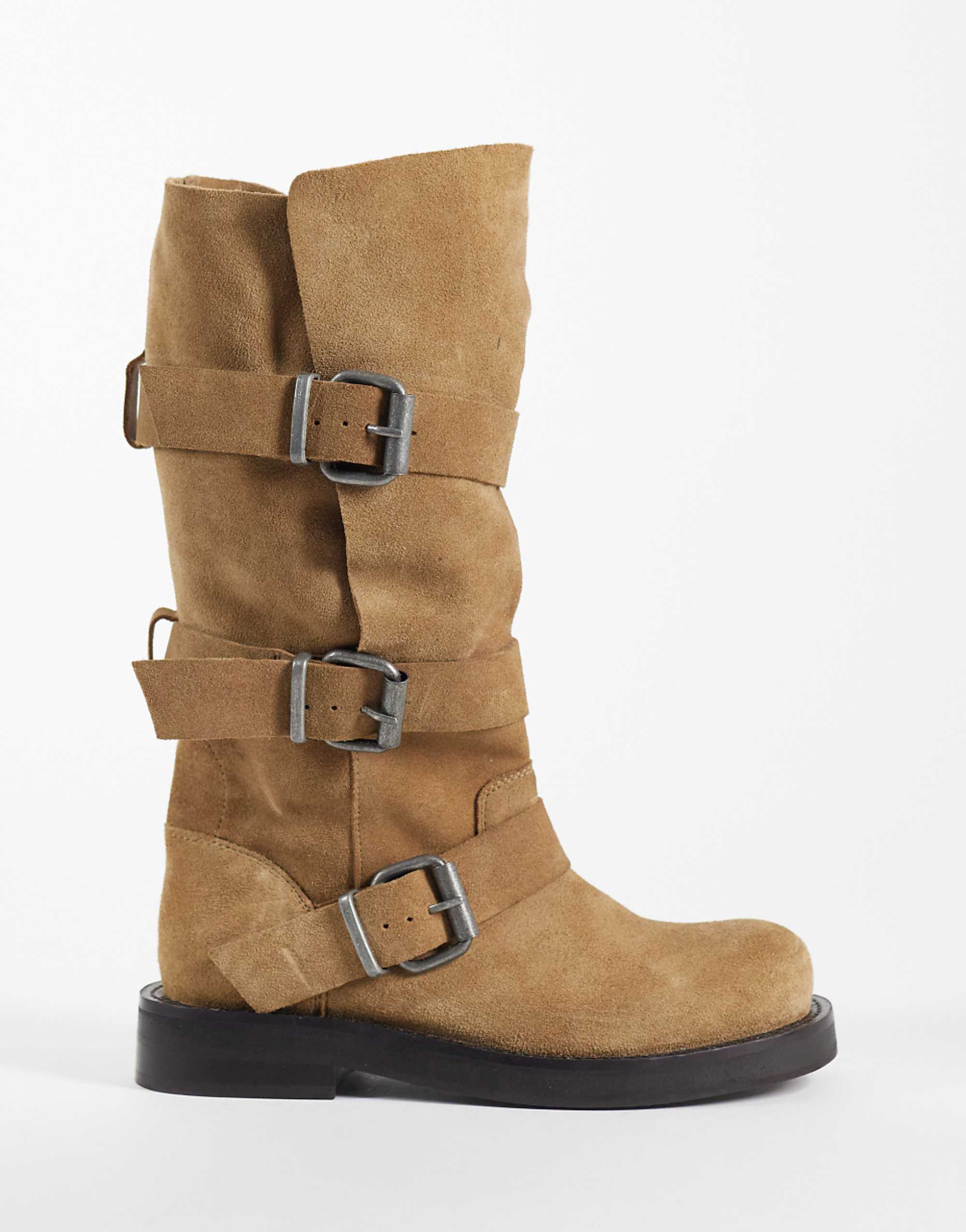 Asos Design Clover Boho Buckle Slouchy Knee Boots in Taupe Suede