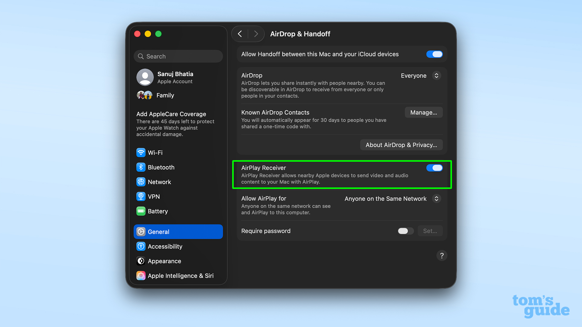 iPhone AirPlay to Mac AirPlay receiver toggle