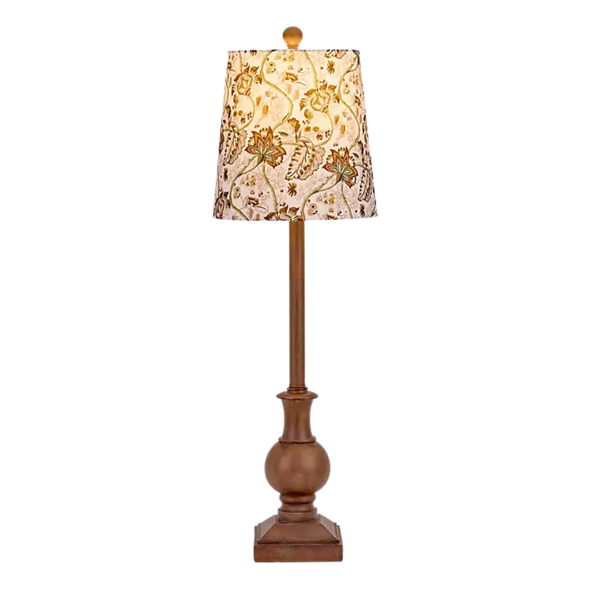 a wooden lamp with a decorative shade