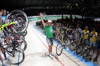 Paolo Bettini, 34, waves good-bye at the Milano Six Day