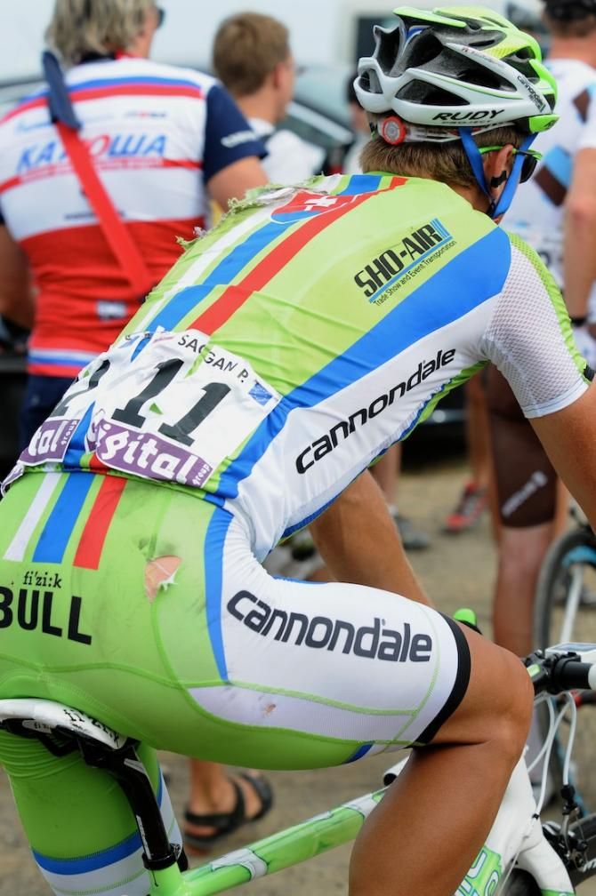 Sagan also had ripped shorts and some damage to the back of his jersey