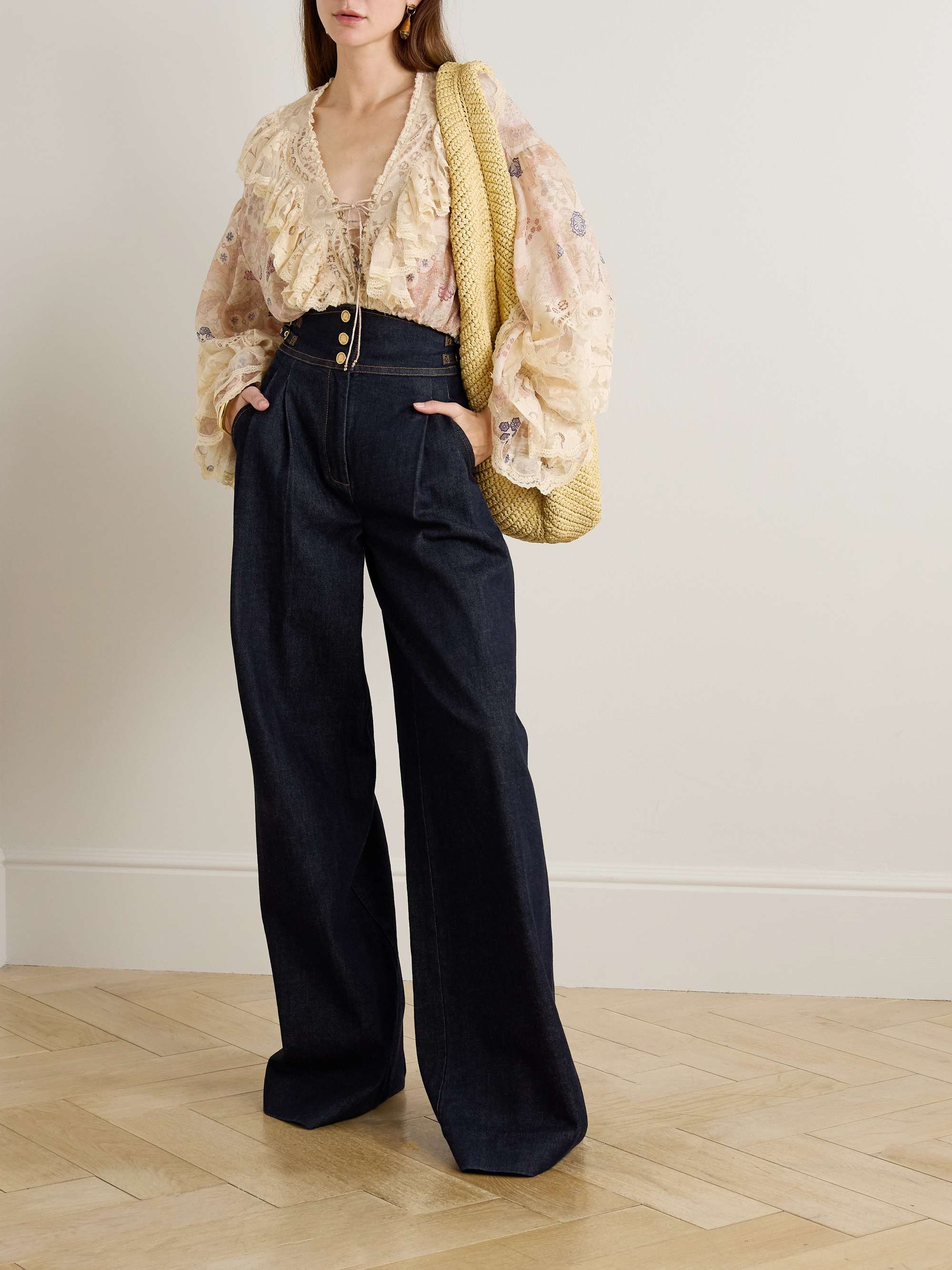 Rebellion Lace-Up Ruffled Floral-Print Linen and Silk-Blend Top