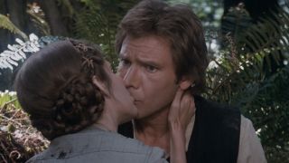 Han looking confused while kissing Leia on Endor