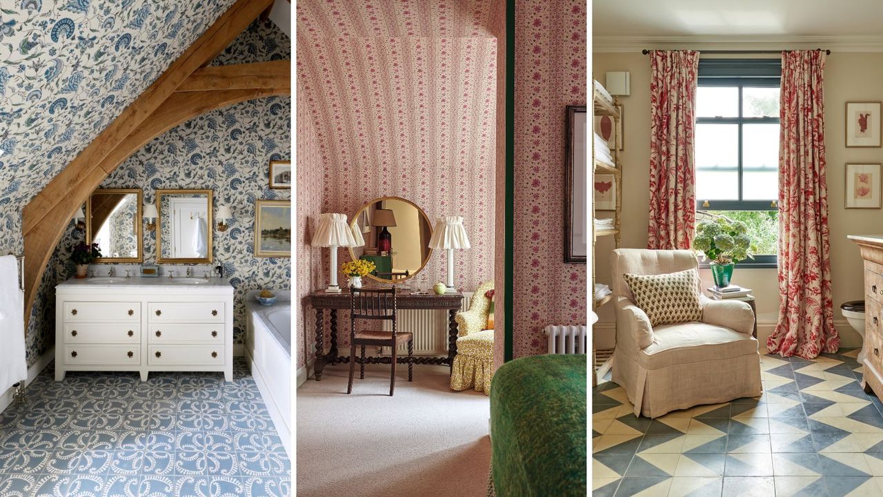 three interiors all with floral pattern