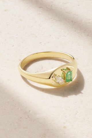 10-Karat Gold, Emerald and Diamond Signet Ring
