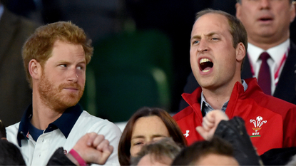 Prince Harry and Prince William, Duke of Cambridge attend the England v Wales match during the Rugby World Cup 2015 at Twickenham Stadium on September 26, 2015 in London, England