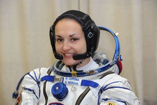 Russian cosmonaut Elena Serova is seen in her Sokol spacesuit ahead of a launch to the International Space Station on Sept. 25, 2014 Eastern Time (Sept. 26 Kazakhstan Time).