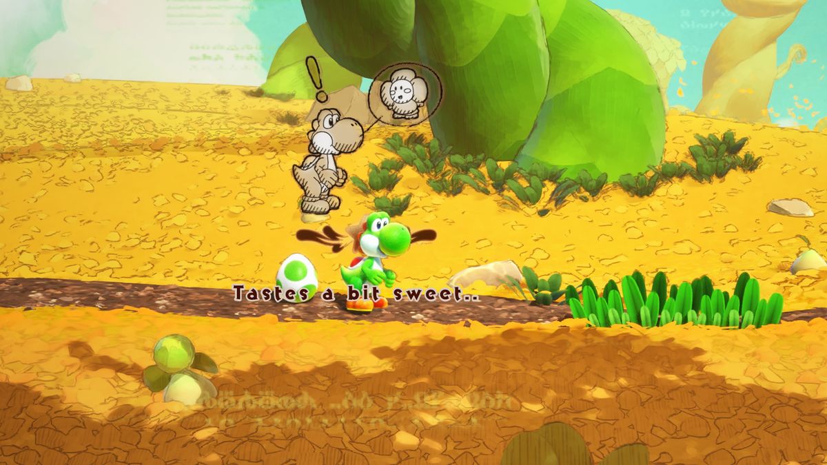 Yoshi tastes a flower-like creature in Yoshi and the Mysterious Book