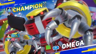 Omega celebrates victory in Sonic Racing: CrossWorlds