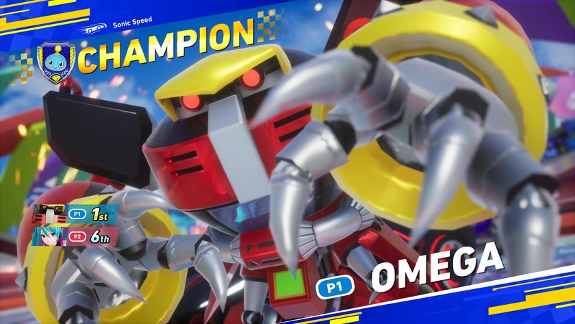 Omega celebrates victory in Sonic Racing: CrossWorlds