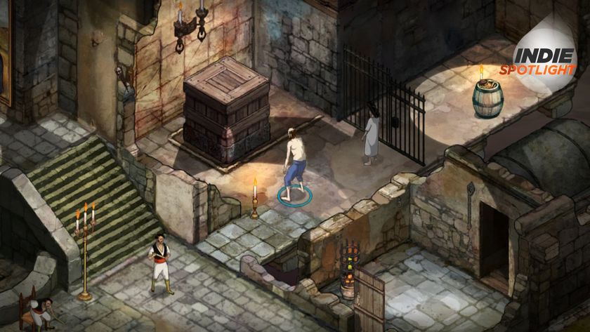 The Stone of Madness screenshot of Alfredo and Eduardo facing a large moveable crate, with an enemy standing guard outside the room.