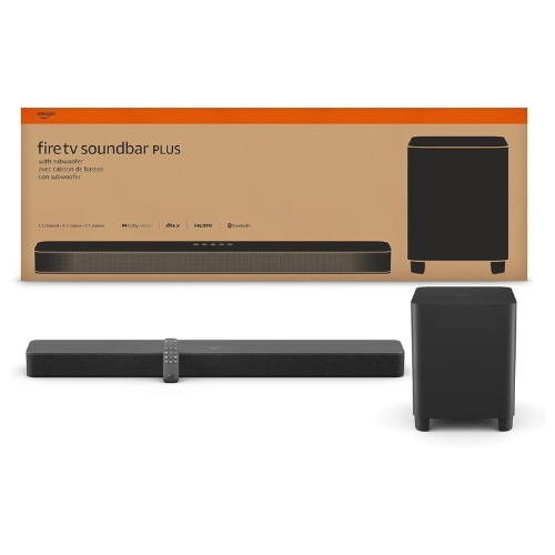 Fire TV Soundbar Plus with subwoofer against white background.